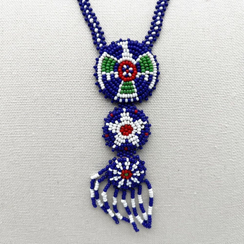 Vintage Handmade Blue Seed Bead Necklace Dream Catcher Boho Hide Leather Back